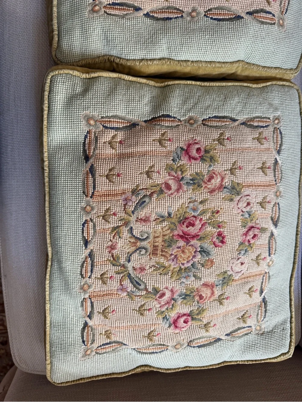 Pair Antique French PILLOW Cushions large needlepoint petitpoint roses